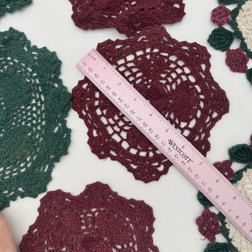 Vintage Crochet Doilies Lot 13 Green Burgundy‎ Cotton Holiday Cottagecore